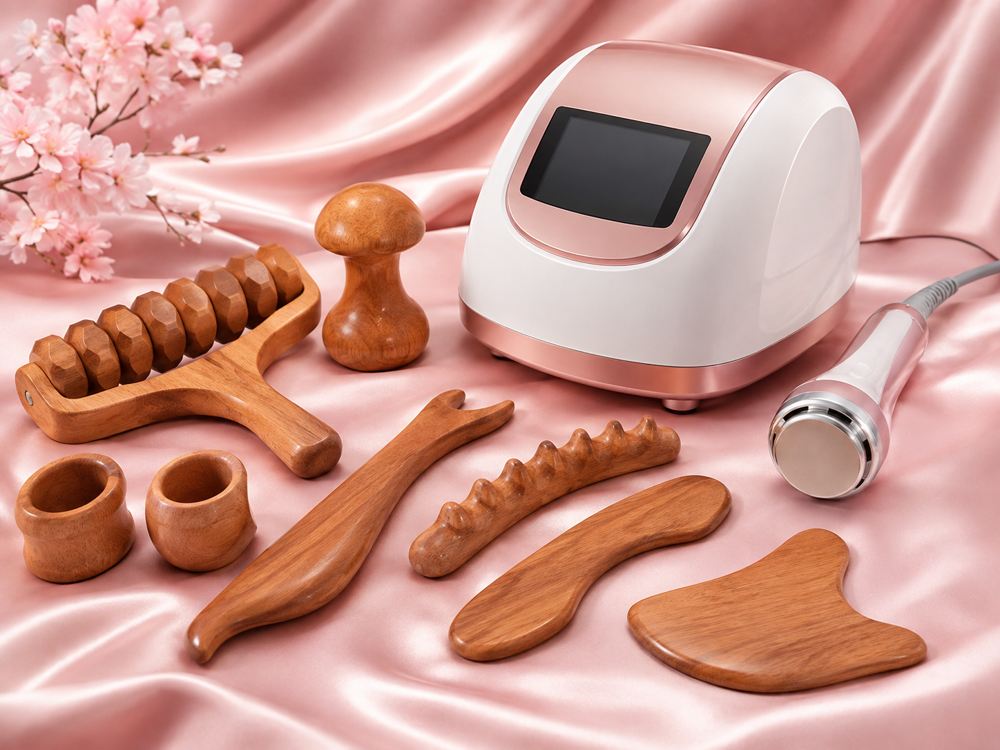 Wood therapy sculpting tools and cavitation device on blush silk