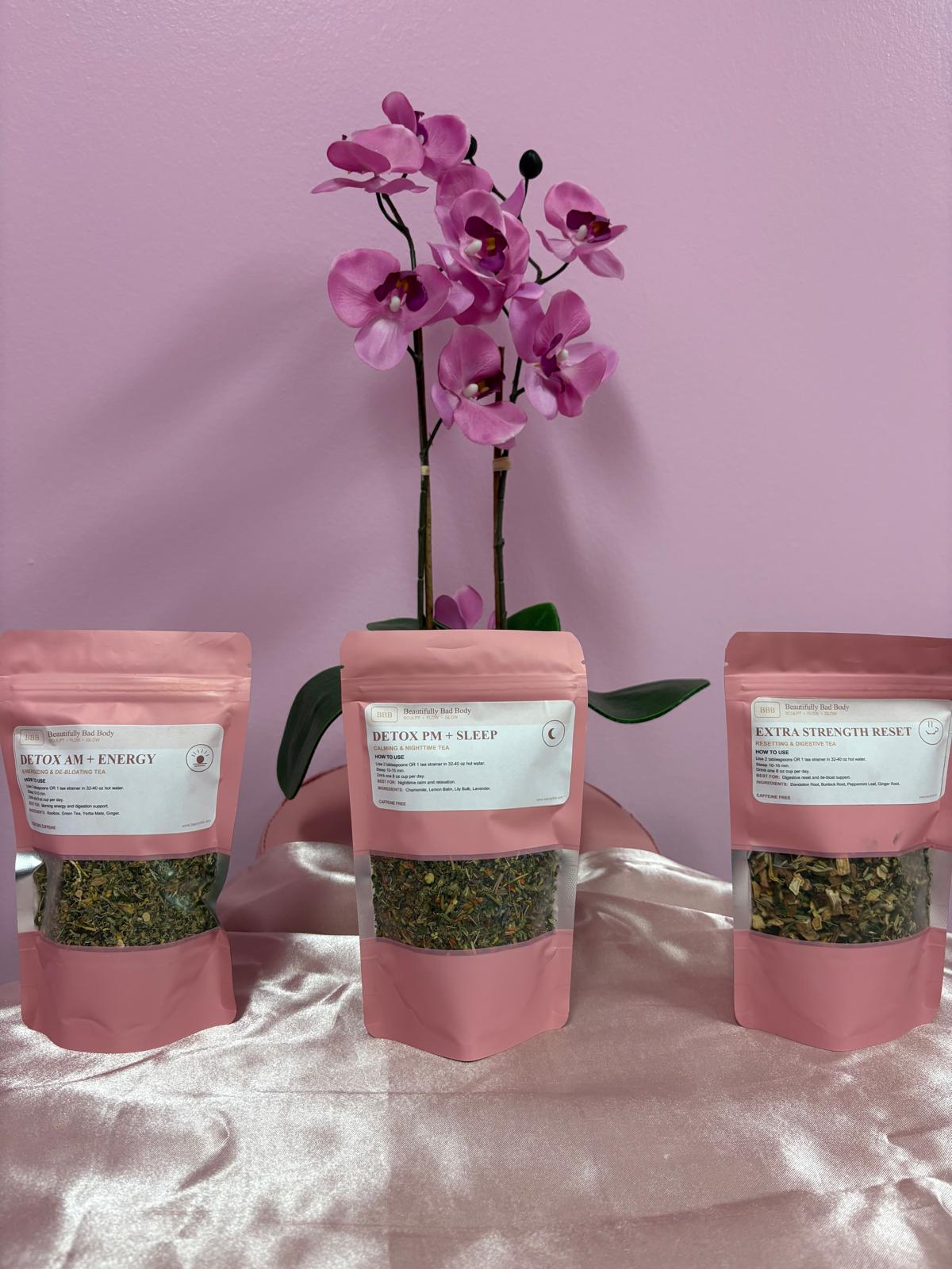 BBB loose leaf tea collection — Detox AM + Energy, Detox PM + Sleep, and Extra Strength Reset